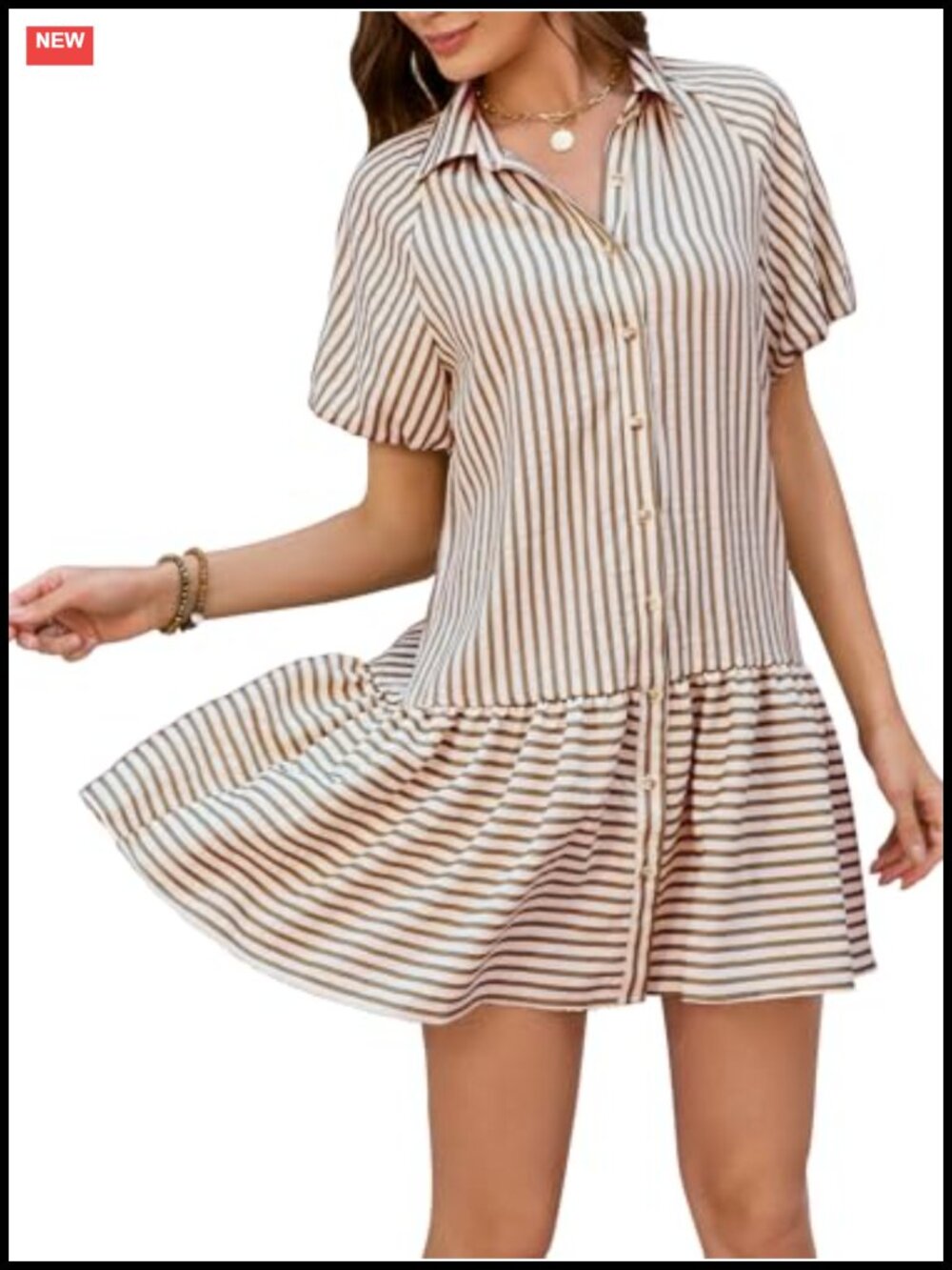 Striped A-Line Mini Dress Puff Sleeve Button Down Casual Summer